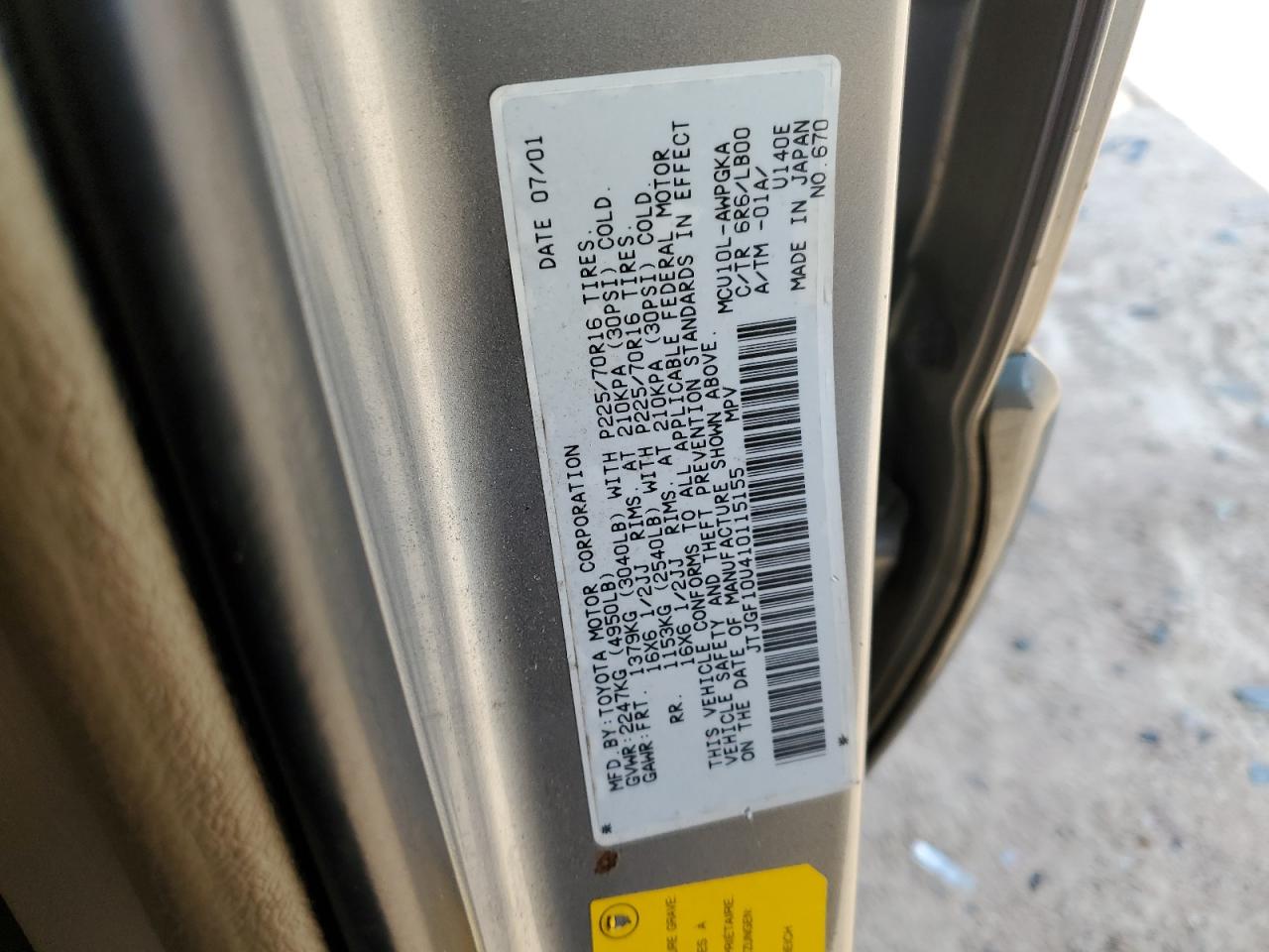 2001 Lexus Rx 300 VIN: JTJGF10U410115155 Lot: 48945585
