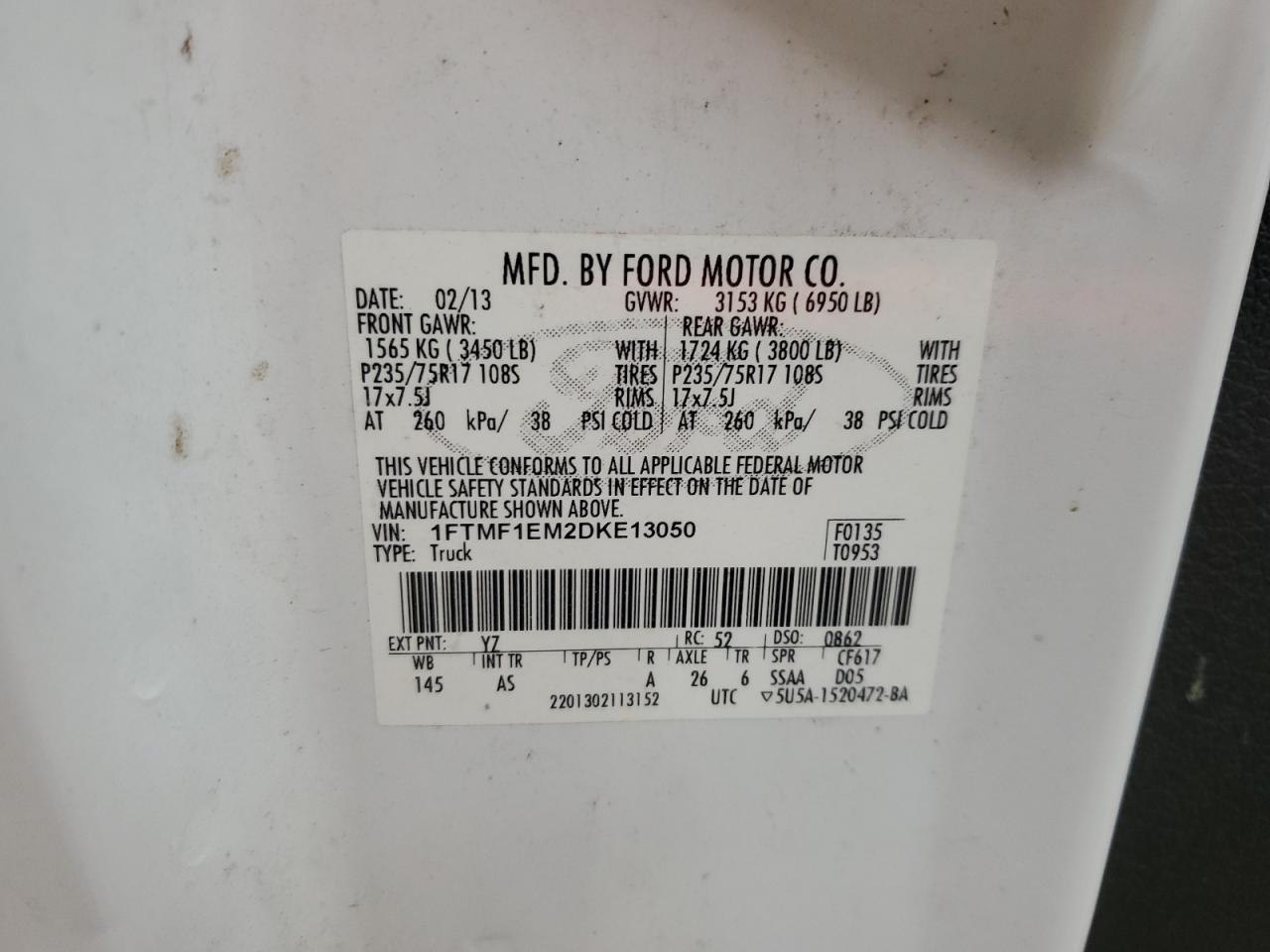 2013 Ford F150 VIN: 1FTMF1EM2DKE13050 Lot: 51230245