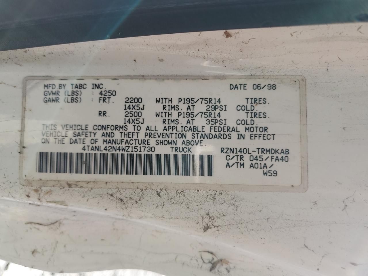 1998 Toyota Tacoma VIN: 4TANL42N4WZ151730 Lot: 49471105