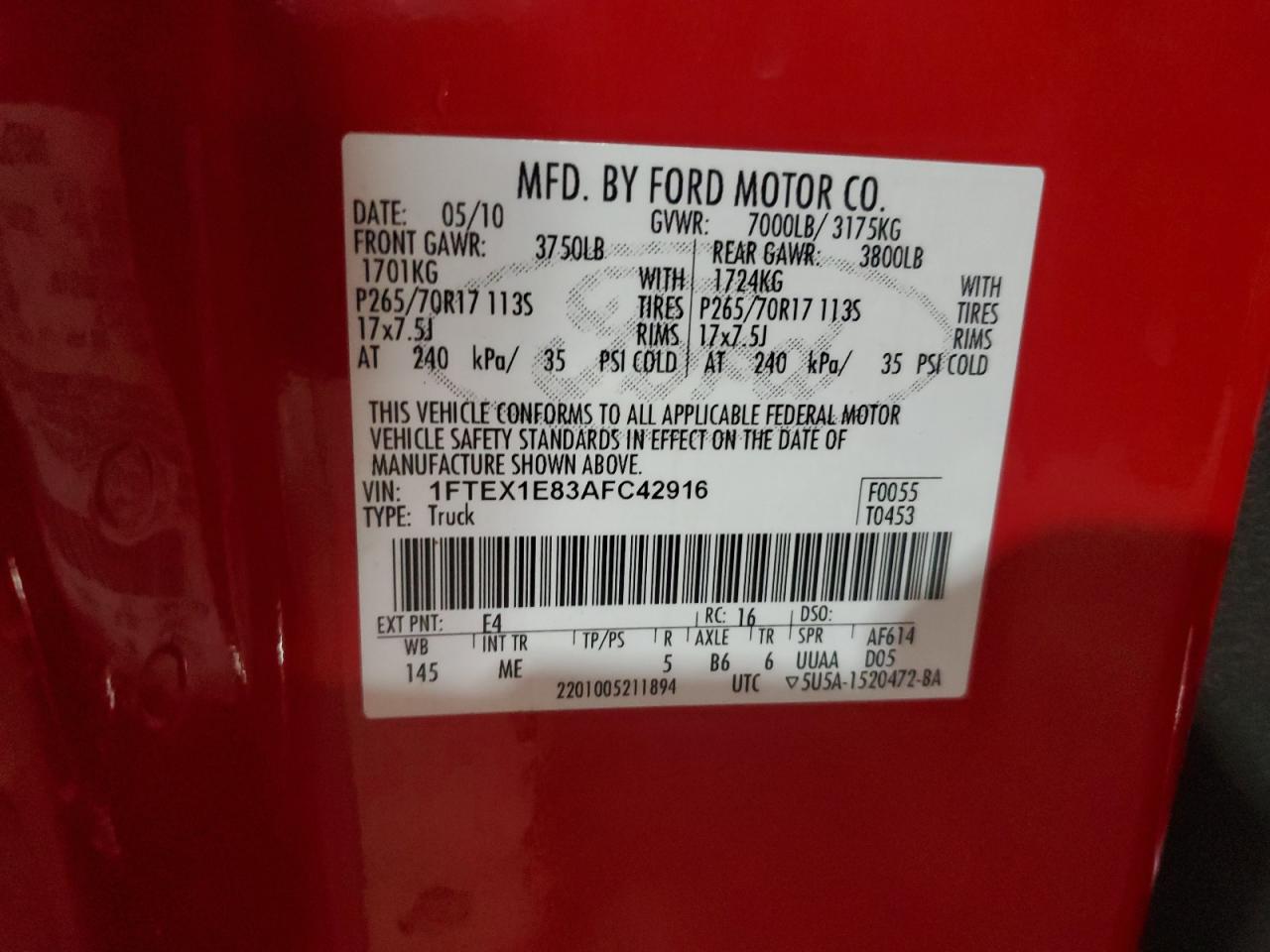 2010 Ford F150 Super Cab VIN: 1FTEX1E83AFC42916 Lot: 50404535