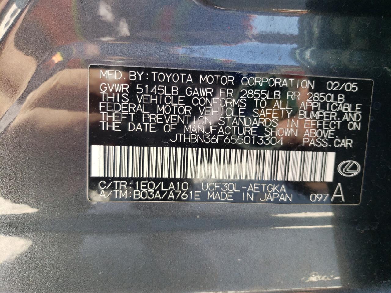 2005 Lexus Ls 430 VIN: JTHBN36F655013304 Lot: 48880445