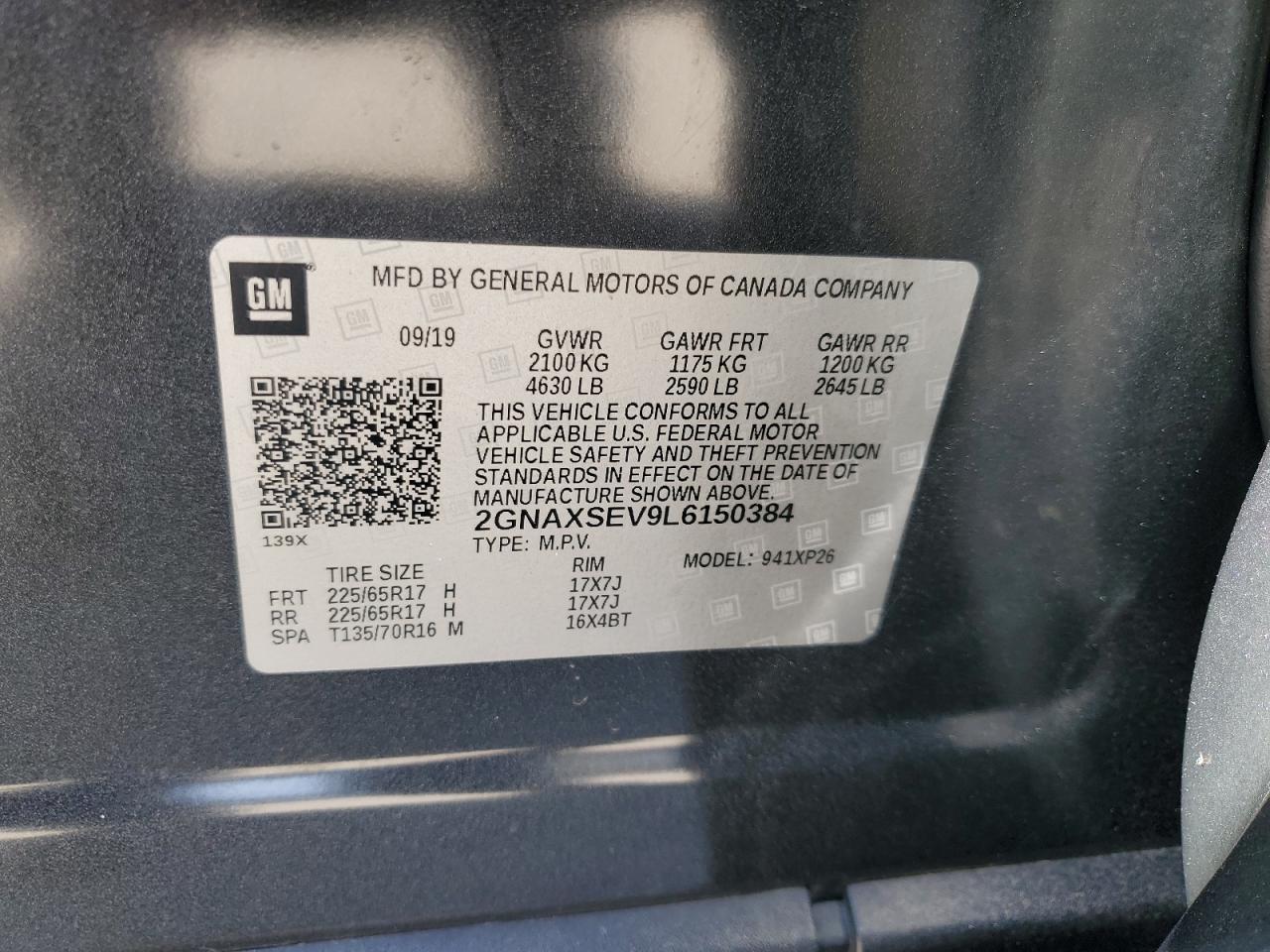 2020 Chevrolet Equinox Ls VIN: 2GNAXSEV9L6150384 Lot: 48916635