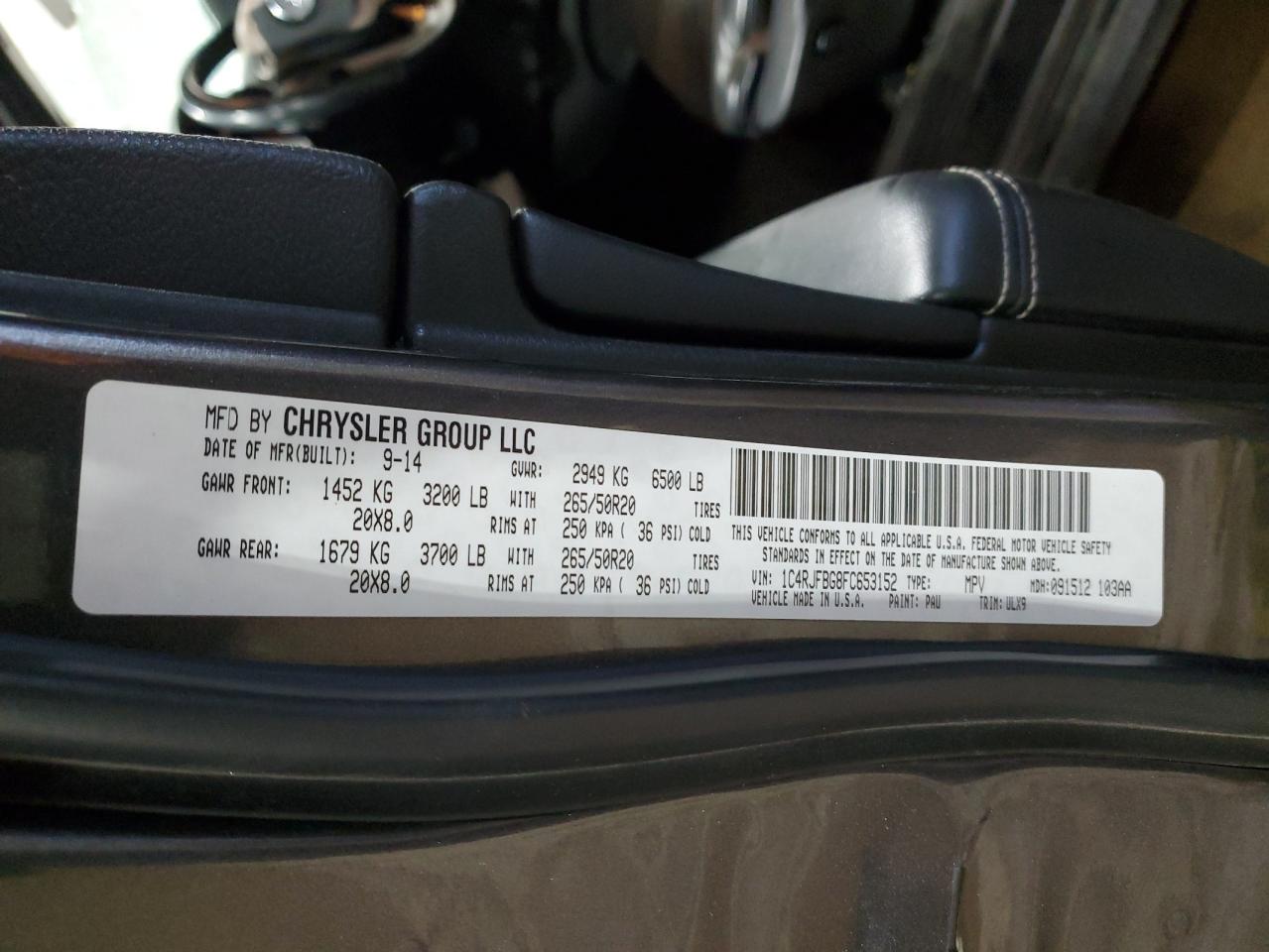 2015 Jeep Grand Cherokee Limited VIN: 1C4RJFBG8FC653152 Lot: 46520675