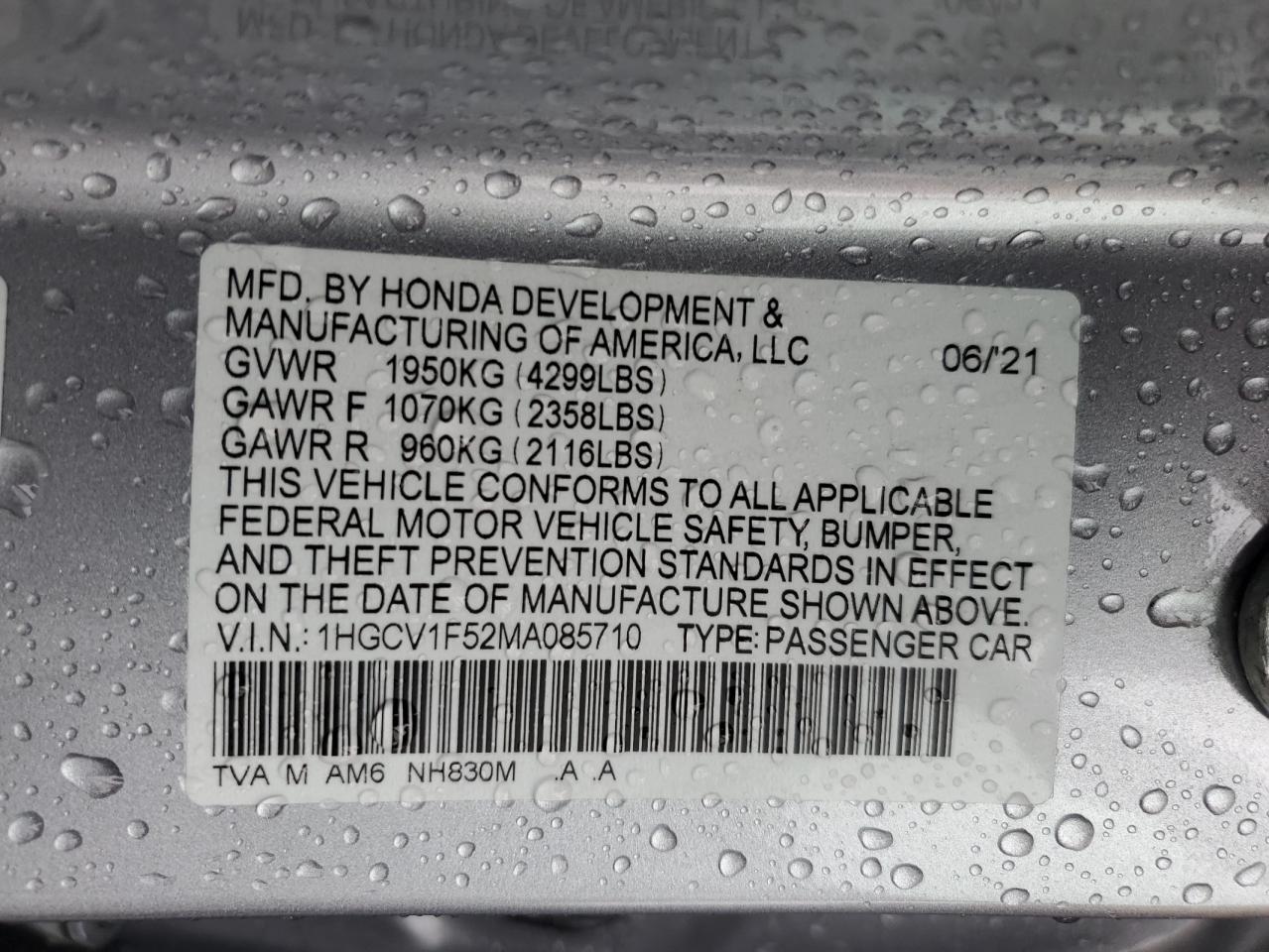 2021 Honda Accord Exl VIN: 1HGCV1F52MA085710 Lot: 50154215