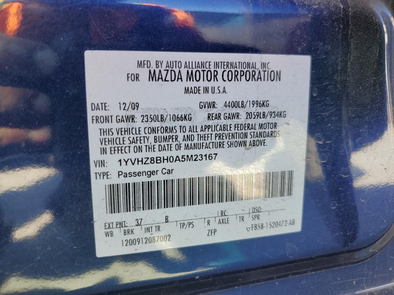 2010 Mazda 6 I VIN: 1YVHZ8BH0A5M23167 Lot: 47951815