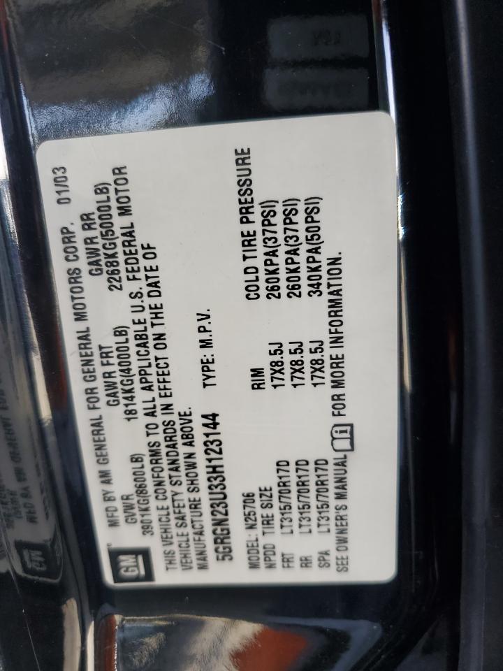 2003 Hummer H2 VIN: 5GRGN23U33H123144 Lot: 47416915