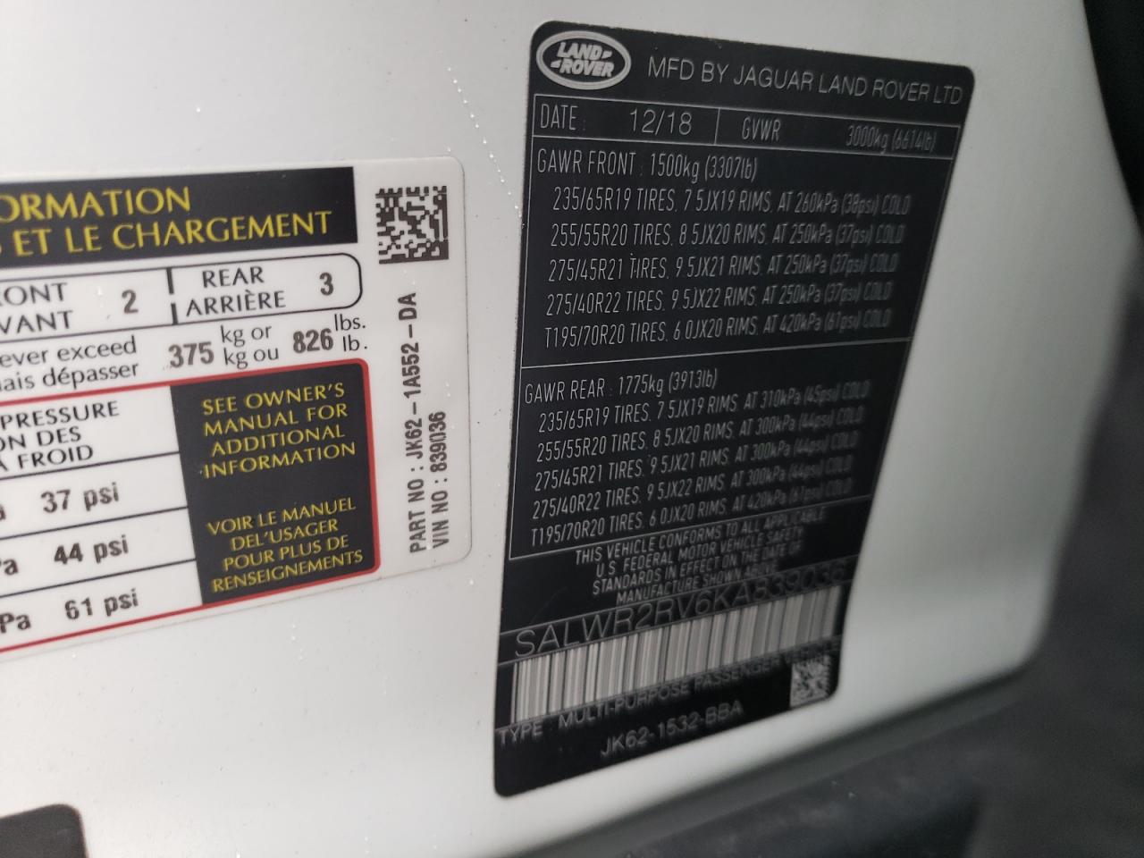 2019 Land Rover Range Rover Sport Hse VIN: SALWR2RV6KA839036 Lot: 47791655