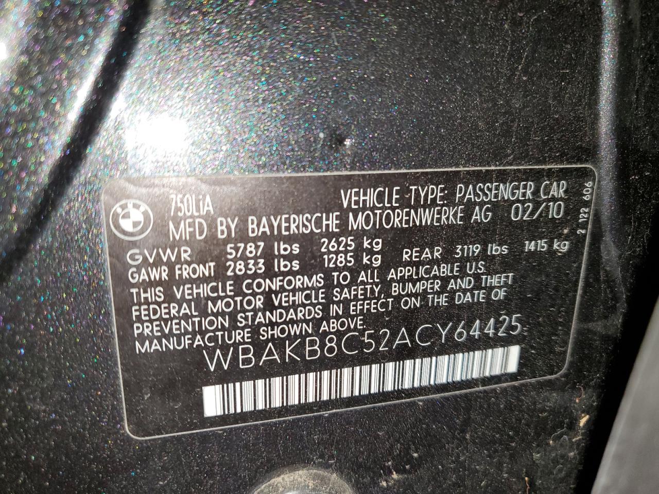 2010 BMW 750 Li VIN: WBAKB8C52ACY64425 Lot: 48377975