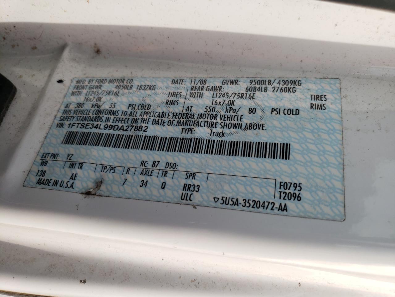 2009 Ford Econoline E350 Super Duty Van VIN: 1FTSE34L99DA27882 Lot: 47972325