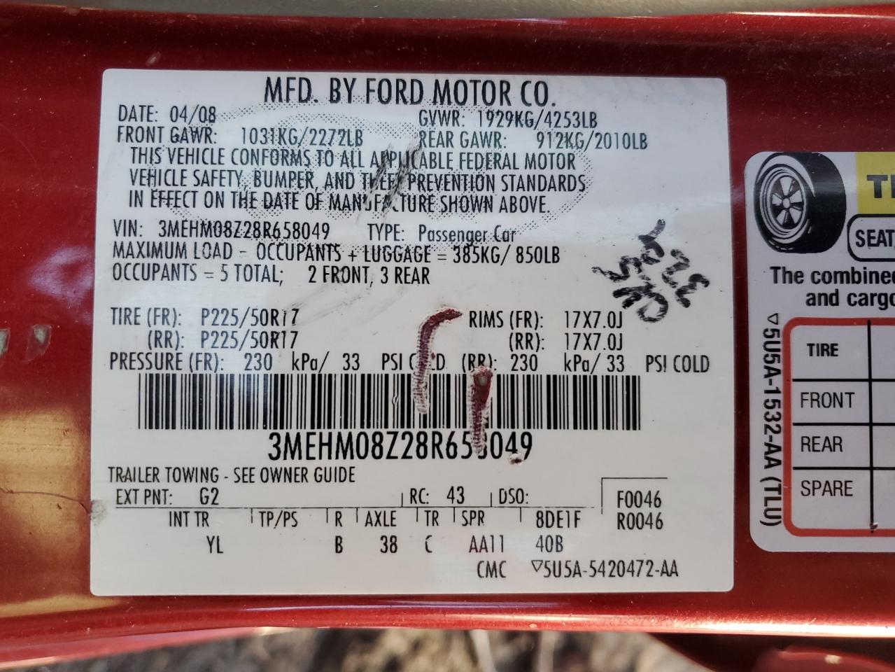 2008 Mercury Milan Premier VIN: 3MEHM08Z28R658049 Lot: 57223535