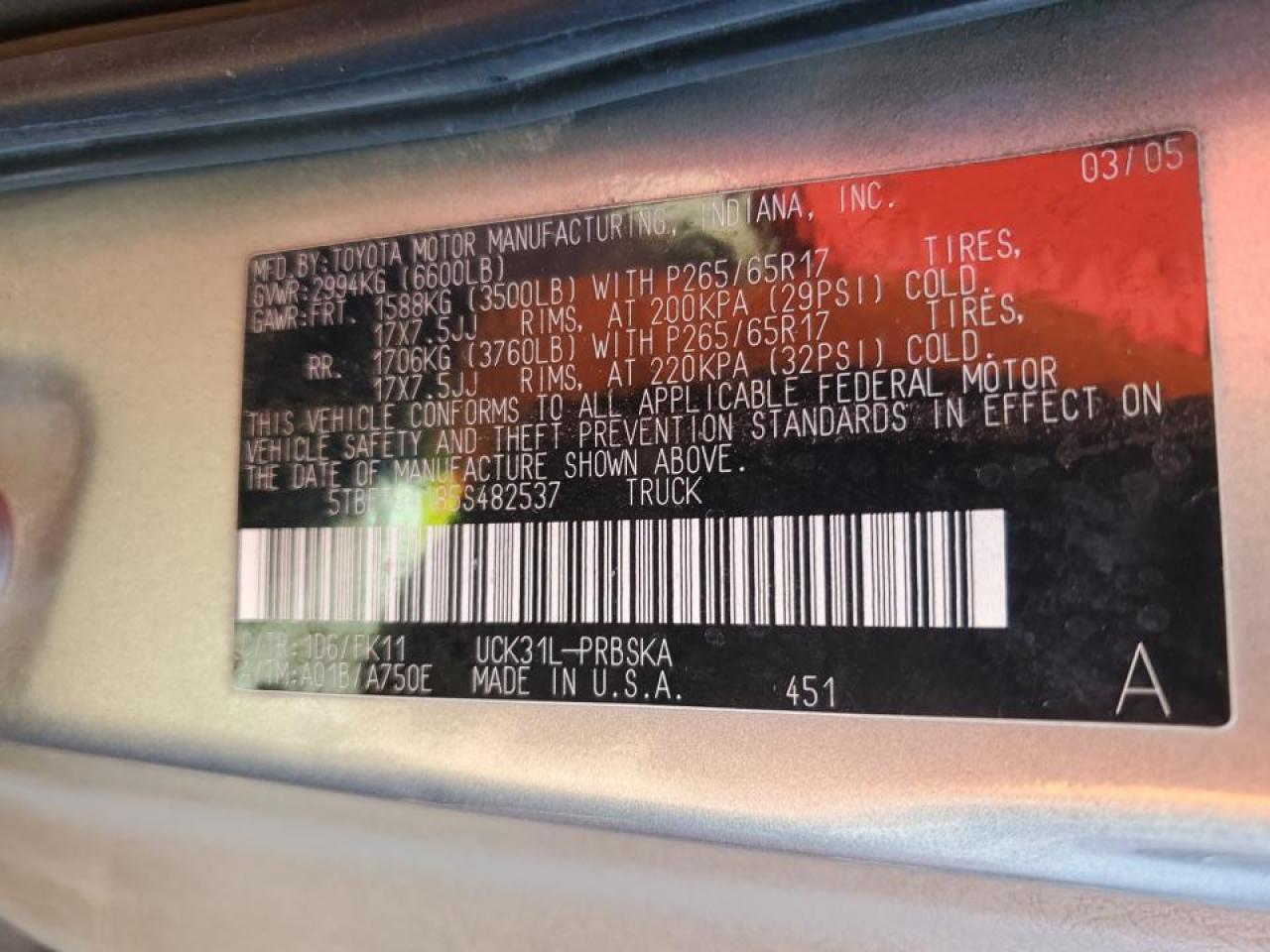 2005 Toyota Tundra Double Cab Sr5 VIN: 5TBET34185S482537 Lot: 48827925