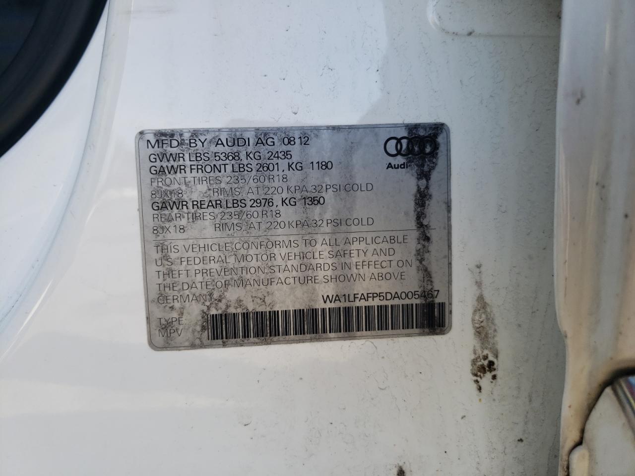 2013 Audi Q5 Premium Plus VIN: WA1LFAFP5DA005467 Lot: 46786735