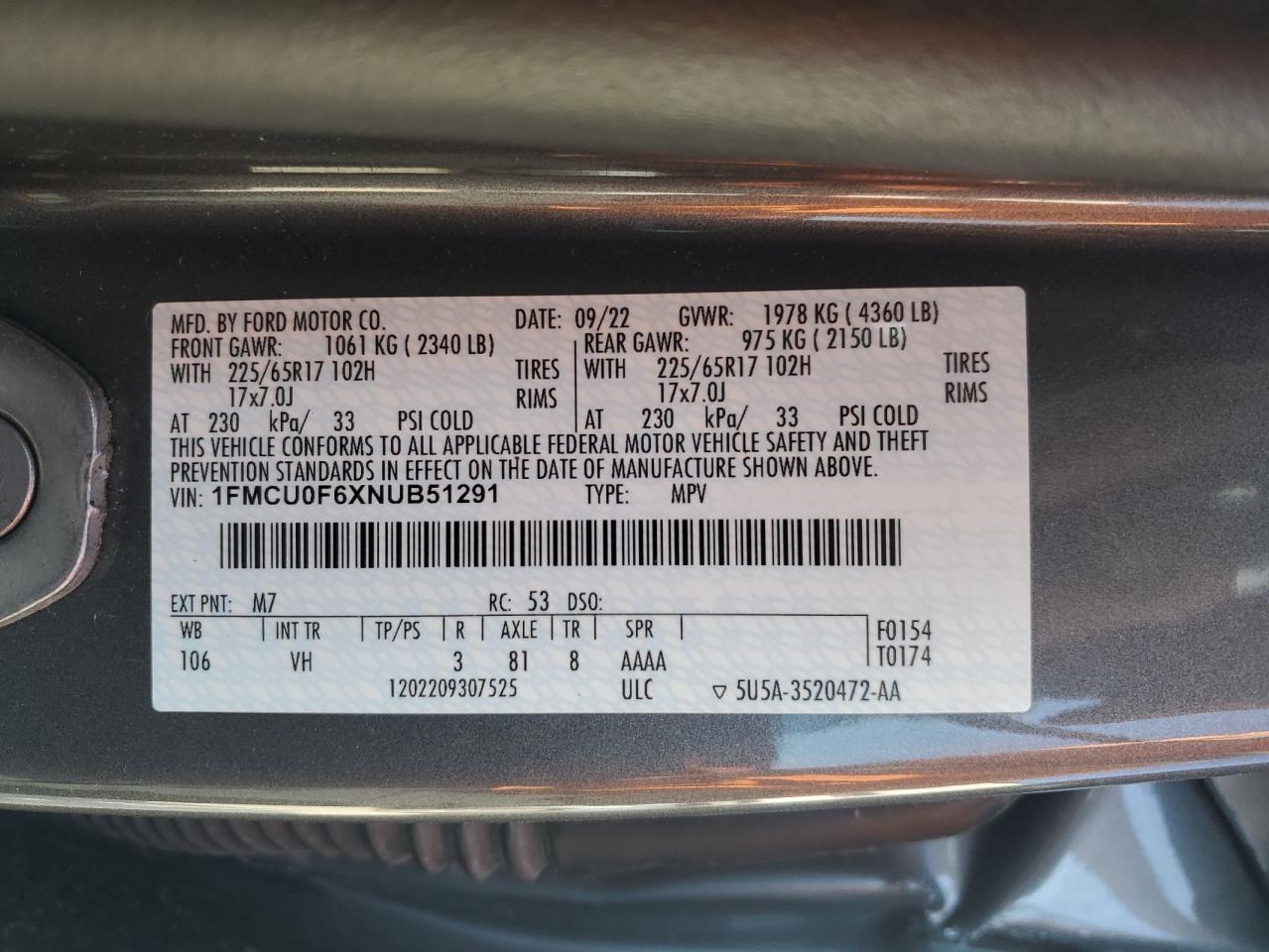 2022 Ford Escape S VIN: 1FMCU0F6XNUB51291 Lot: 50967505