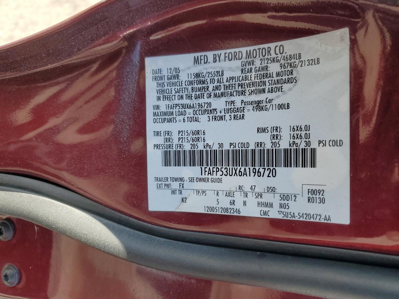 2006 Ford Taurus Se VIN: 1FAFP53UX6A196720 Lot: 46955445