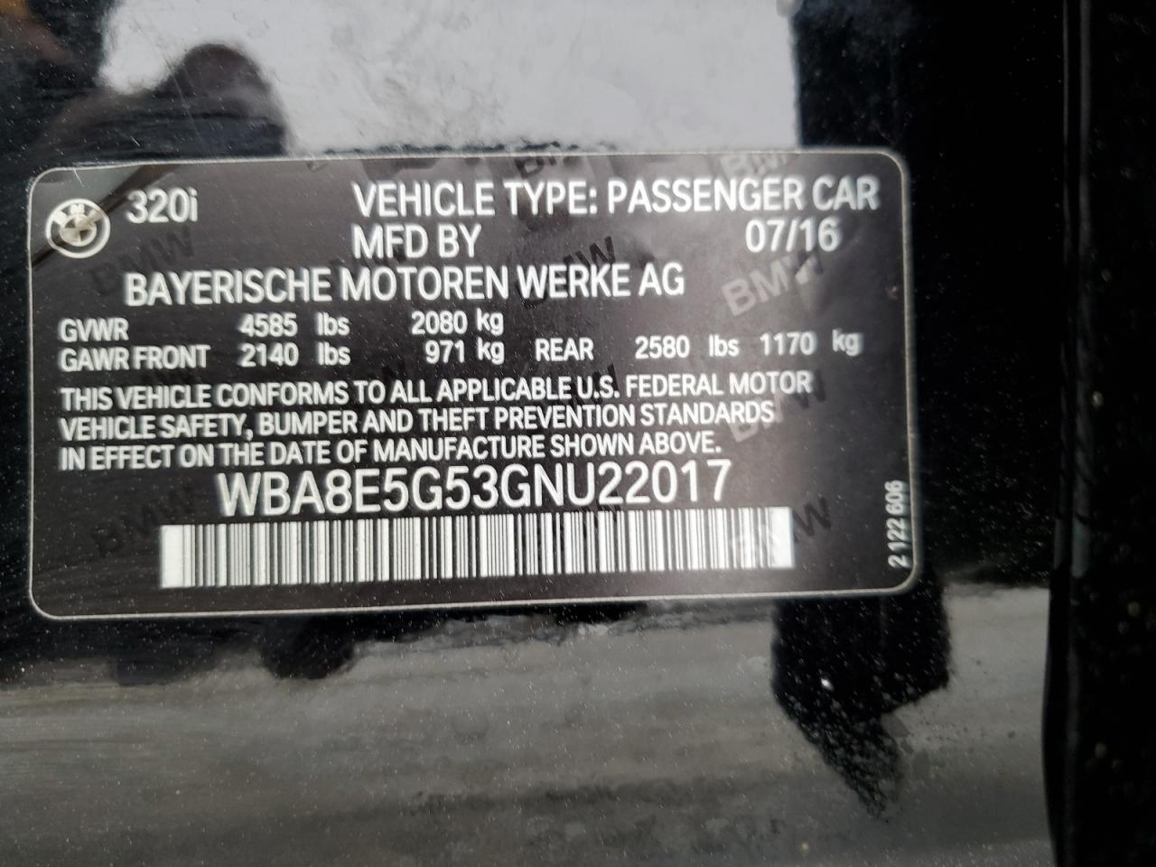 2016 BMW 320 Xi VIN: WBA8E5G53GNU22017 Lot: 49863855