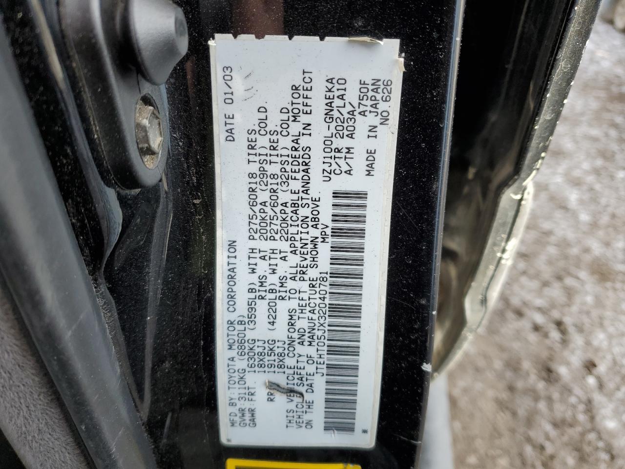 2003 Toyota Land Cruiser VIN: JTEHT05JX32040781 Lot: 47113045