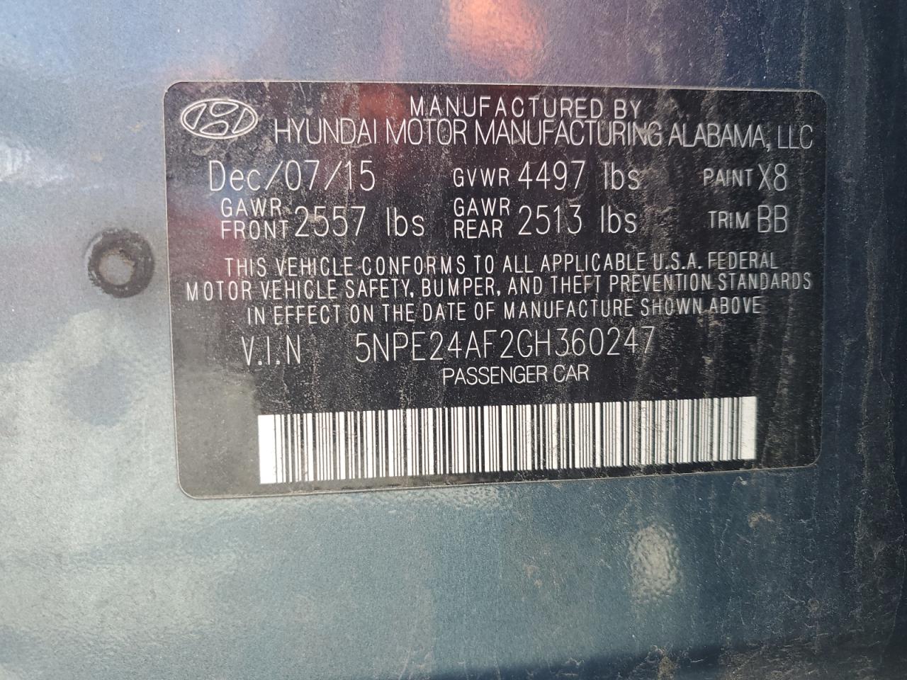 2016 Hyundai Sonata Se VIN: 5NPE24AF2GH360247 Lot: 49597905