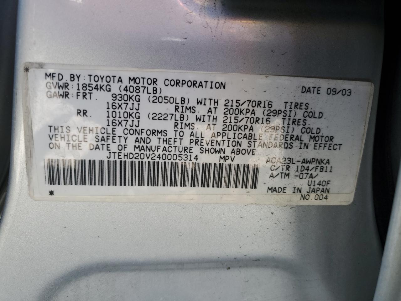 2004 Toyota Rav4 VIN: JTEHD20V240005314 Lot: 50691765