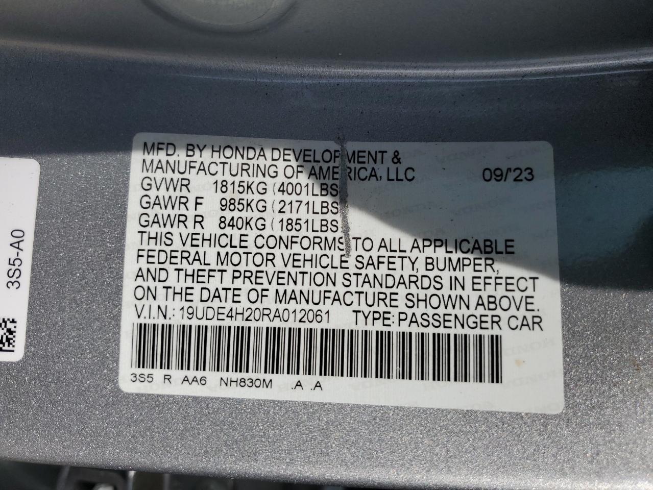 2024 Acura Integra VIN: 19UDE4H20RA012061 Lot: 48264775