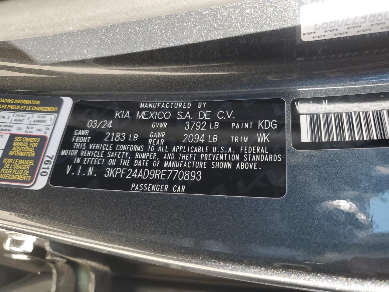 2024 Kia Forte Lx VIN: 3KPF24AD9RE770893 Lot: 49853155