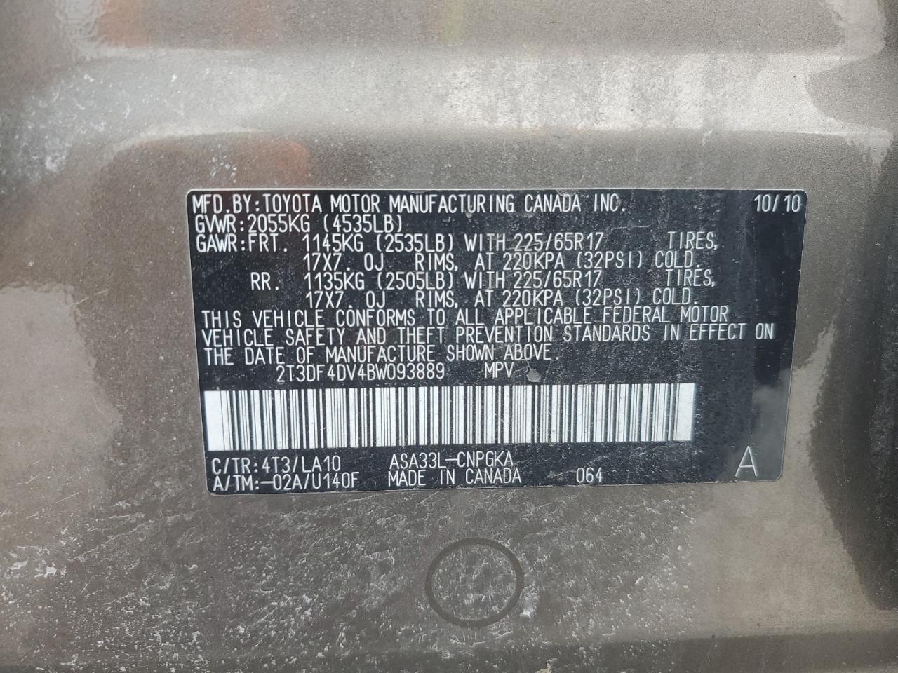 2011 Toyota Rav4 Limited VIN: 2T3DF4DV4BW093889 Lot: 50782325