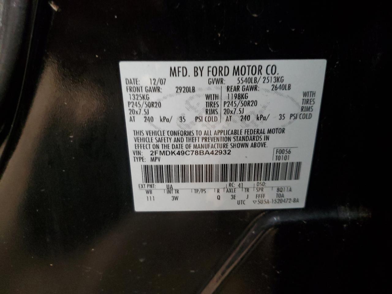 2008 Ford Edge Limited VIN: 2FMDK49C78BA42932 Lot: 67640235