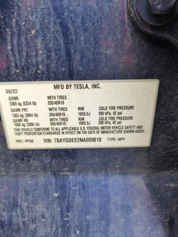 2022 Tesla Model Y VIN: 7SAYGDEE2NA008818 Lot: 50413425