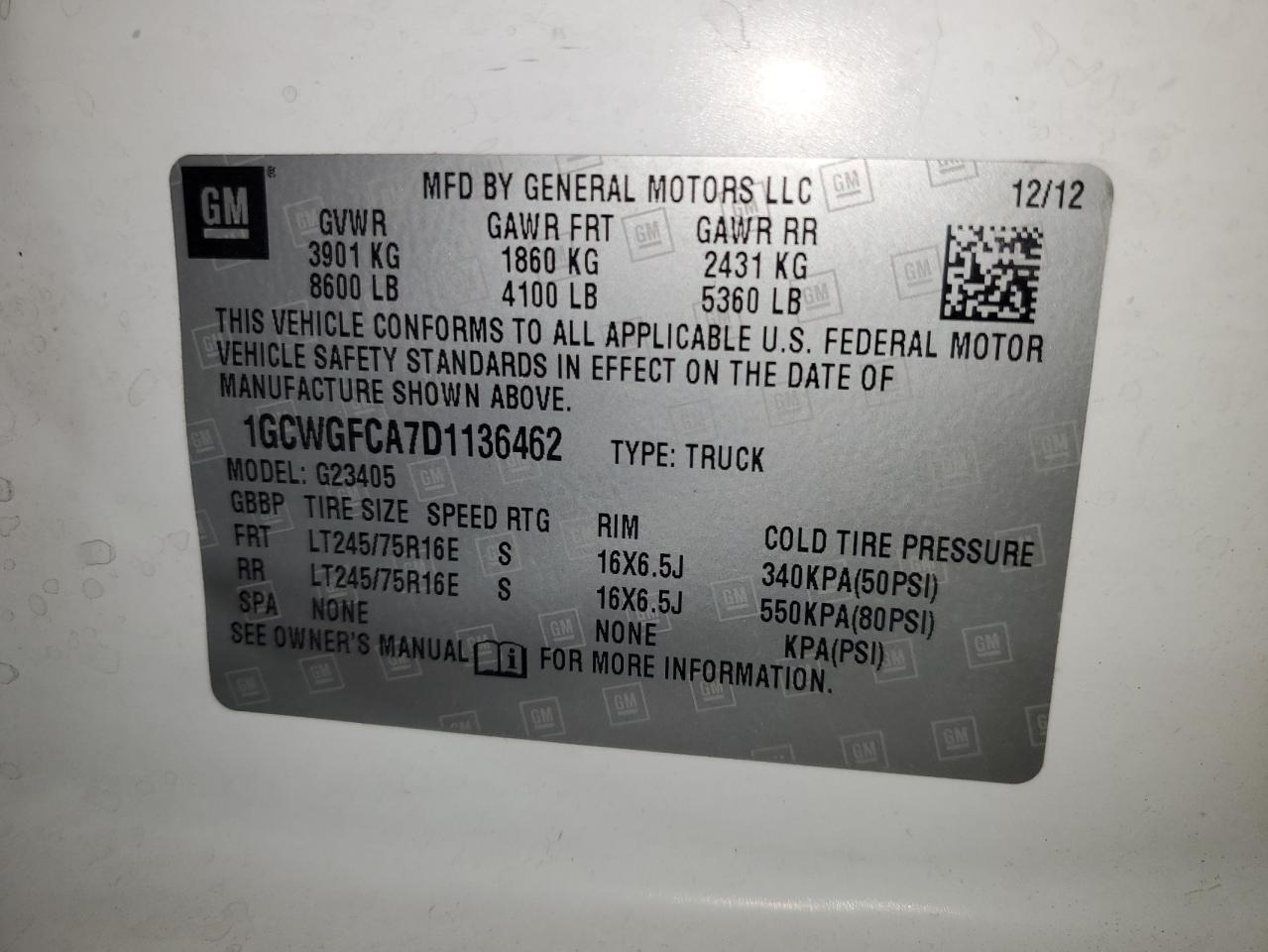 2013 Chevrolet Express G2500 VIN: 1GCWGFCA7D1136462 Lot: 49300235