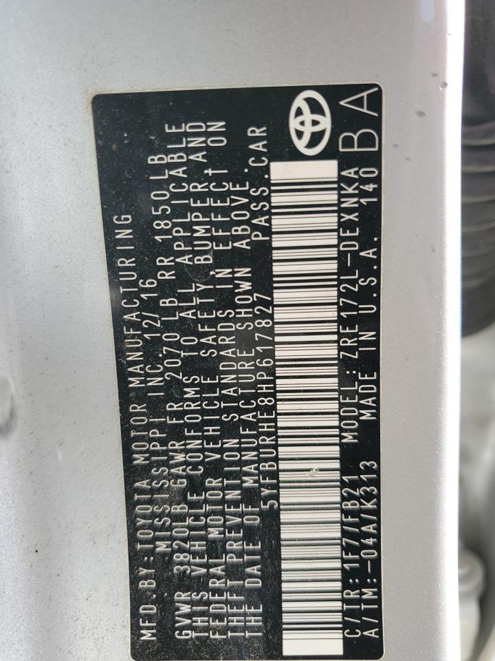 2017 Toyota Corolla L VIN: 5YFBURHE8HP617827 Lot: 49122865