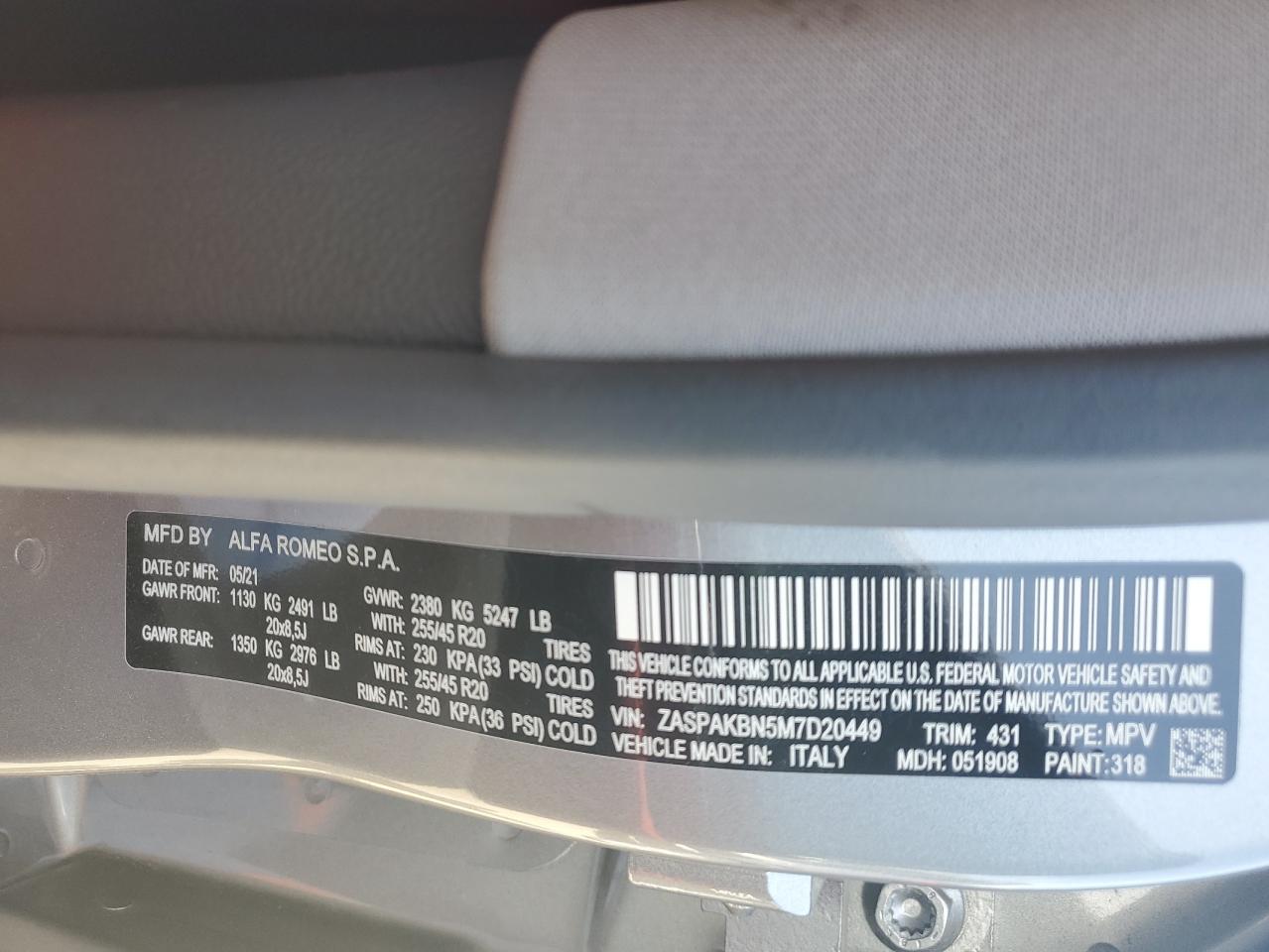 2021 Alfa Romeo Stelvio Ti VIN: ZASPAKBN5M7D20449 Lot: 49804615