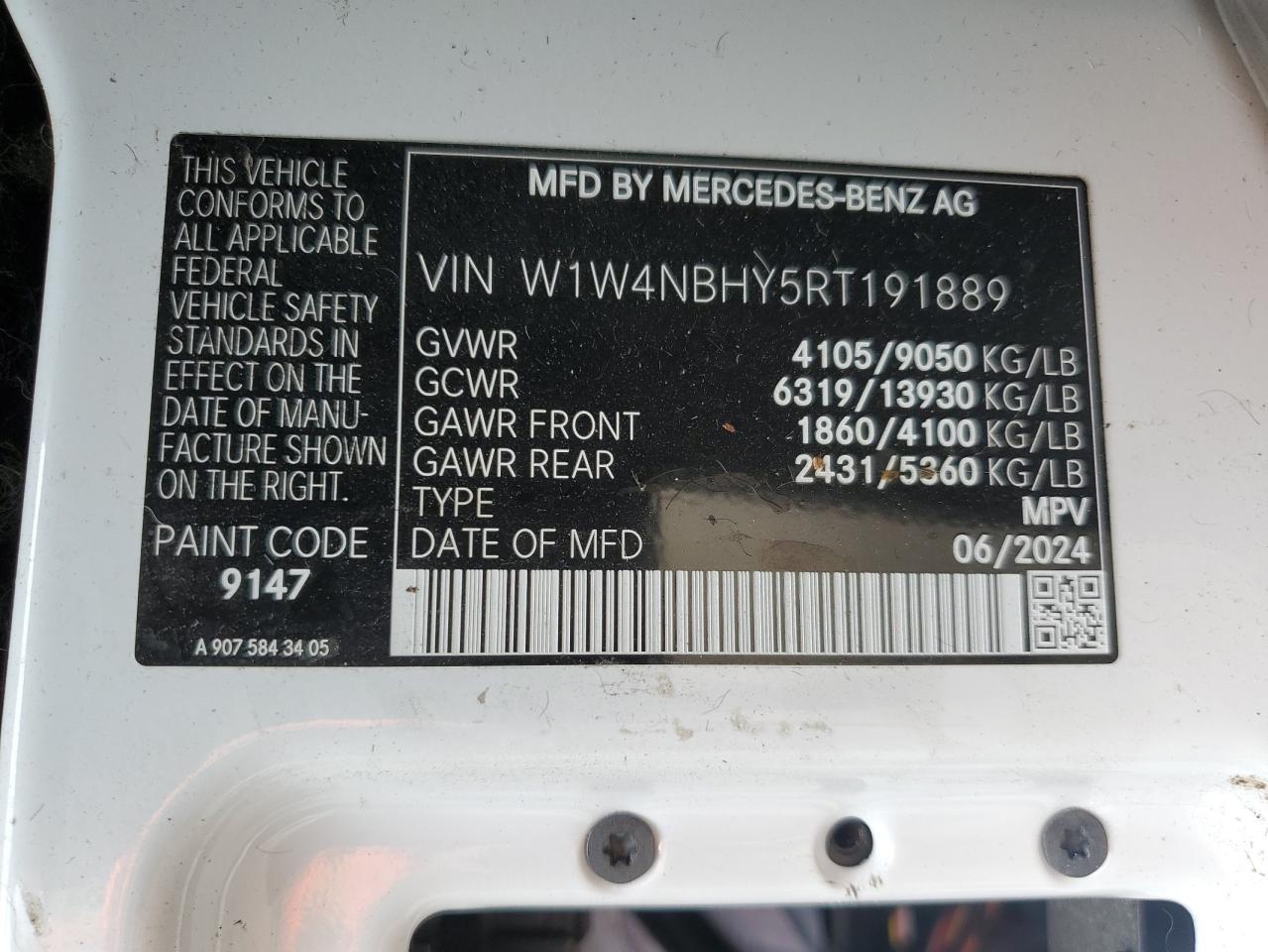 2024 Mercedes-Benz Sprinter 2500 VIN: W1W4NBHY5RT191889 Lot: 62959425