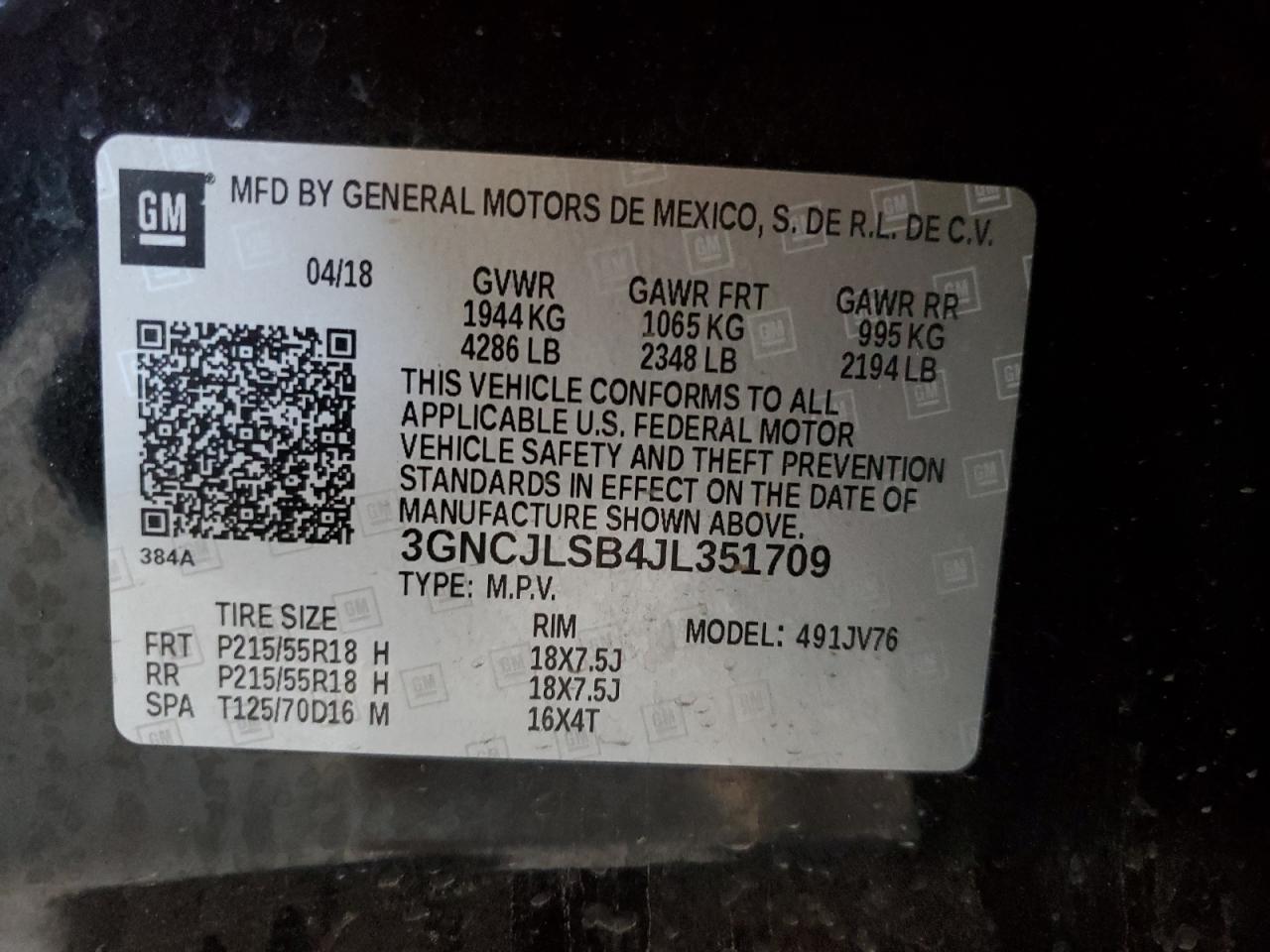 2018 Chevrolet Trax 1Lt VIN: 3GNCJLSB4JL351709 Lot: 50096785