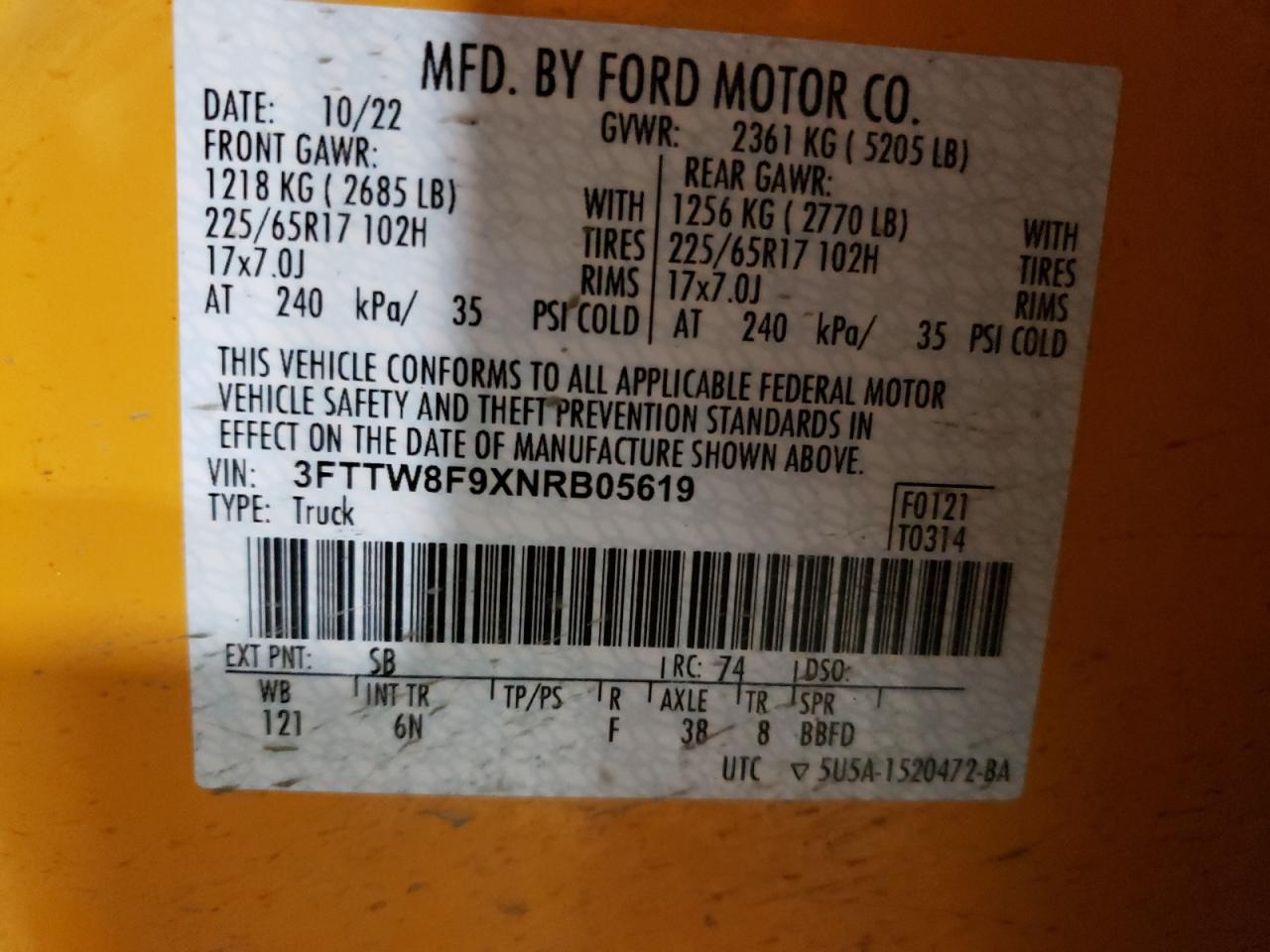 2022 Ford Maverick Xl VIN: 3FTTW8F9XNRB05619 Lot: 47896255