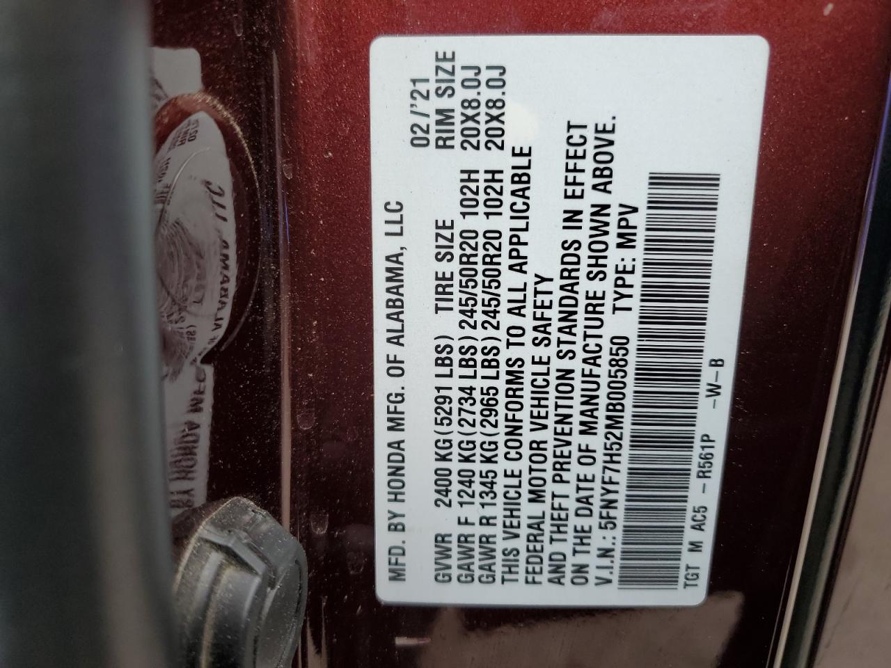 2021 Honda Passport Exl VIN: 5FNYF7H52MB005850 Lot: 47890375