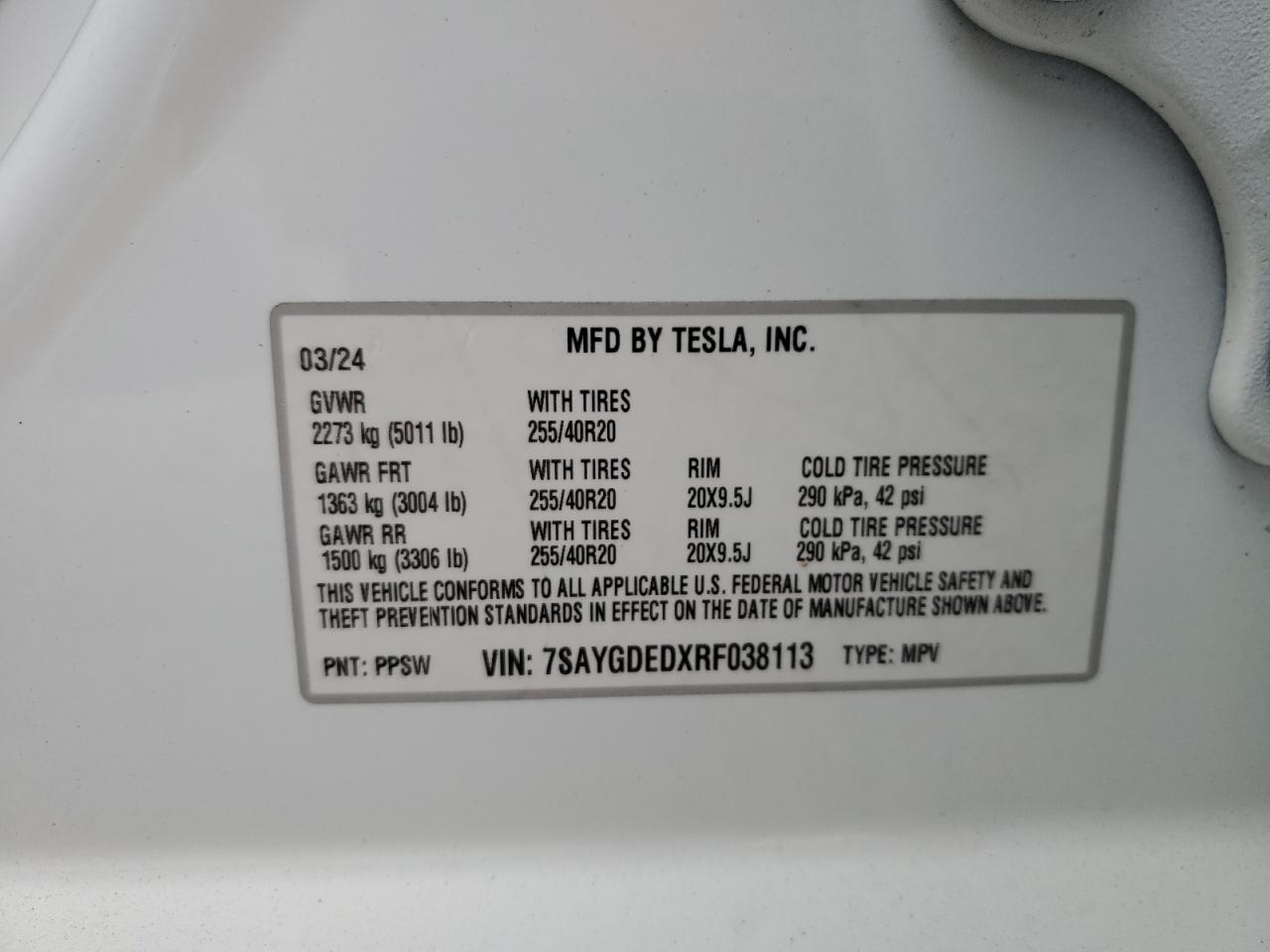 2024 Tesla Model Y VIN: 7SAYGDEDXRF038113 Lot: 51100275