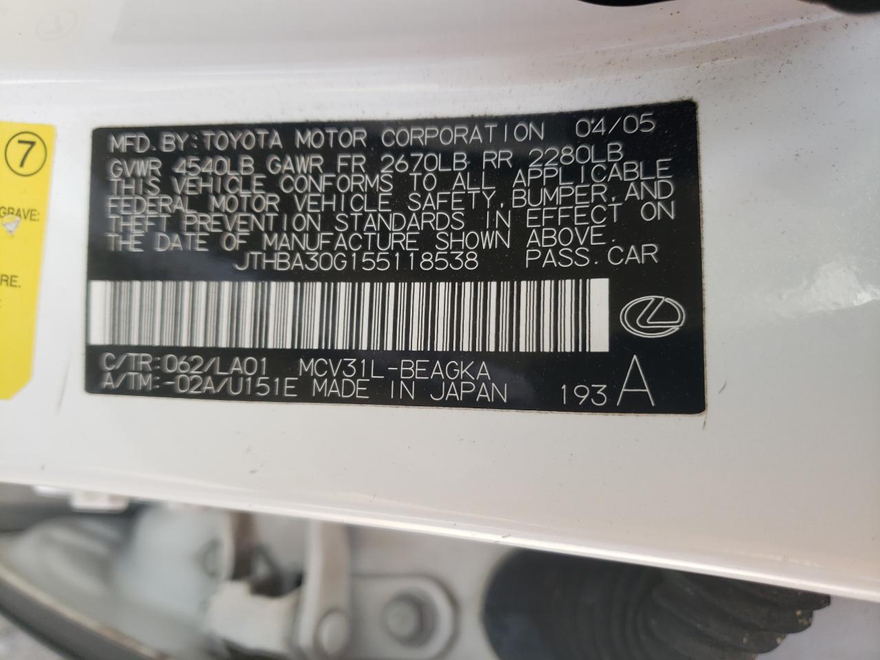 2005 Lexus Es 330 VIN: JTHBA30G155118538 Lot: 51164825