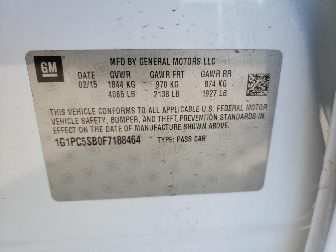 2015 Chevrolet Cruze Lt VIN: 1G1PC5SB0F7188464 Lot: 48564685