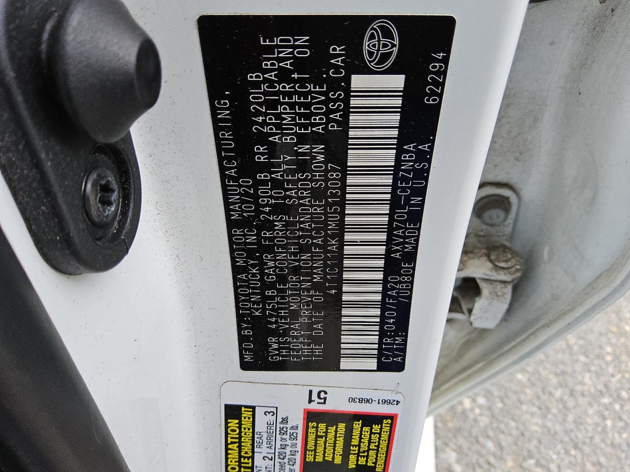 4T1C11AK1MU513087 TOYOTA CAMRY 2021