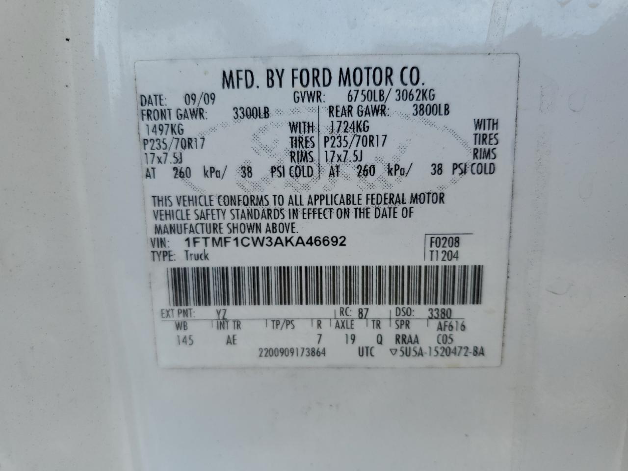 2010 Ford F150 VIN: 1FTMF1CW3AKA46692 Lot: 50548805