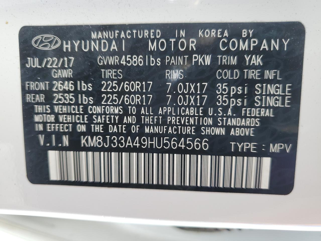 2017 Hyundai Tucson VIN: M8J33A49HU564566 Lot: 50949125