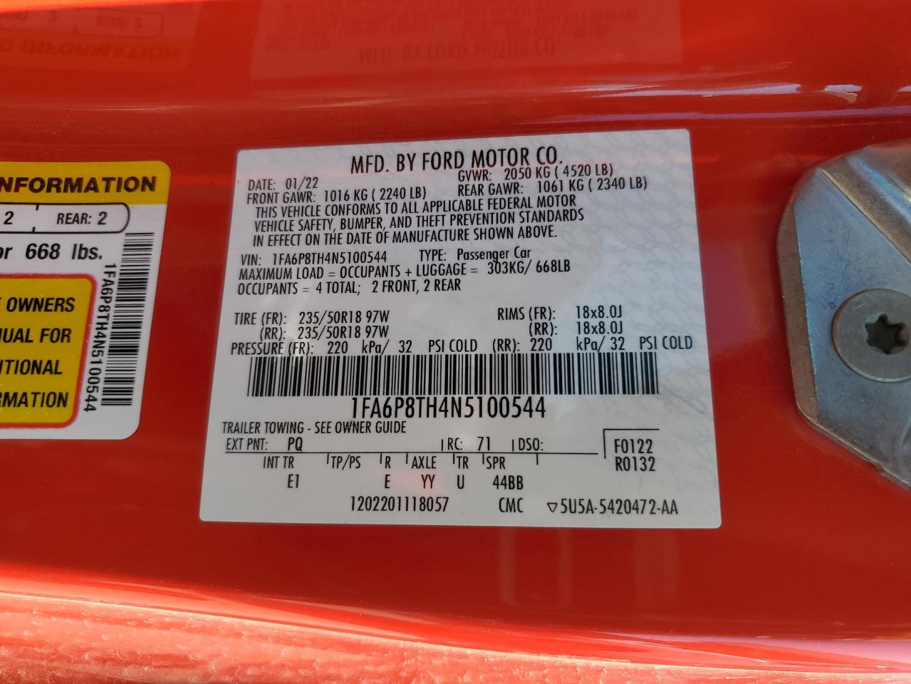 2022 Ford Mustang VIN: 1FA6P8TH4N5100544 Lot: 70898275