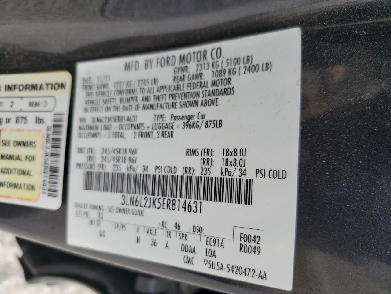 2014 Lincoln Mkz VIN: 3LN6L2JK5ER814631 Lot: 49285415