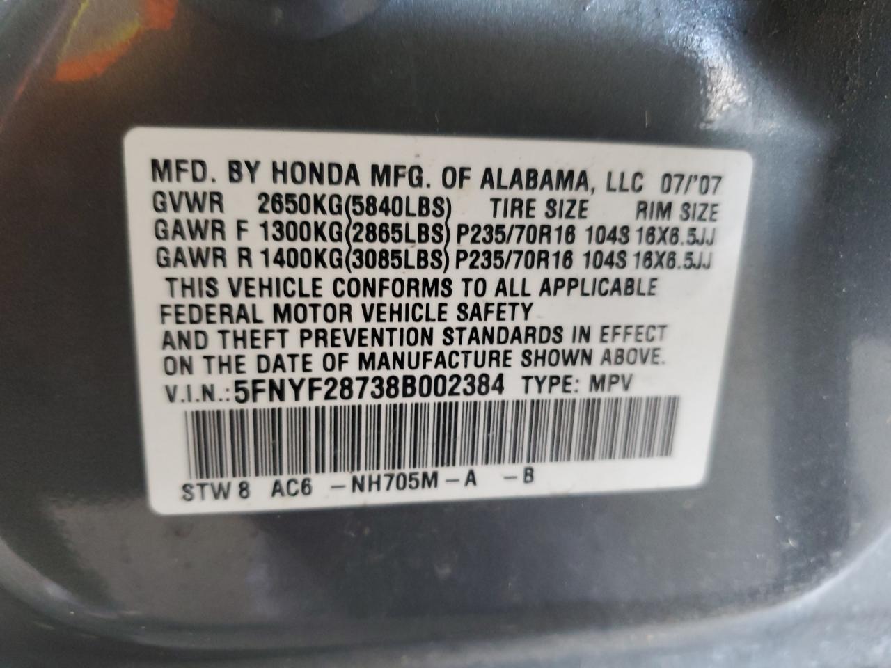 2008 Honda Pilot Exl VIN: 5FNYF28738B002384 Lot: 49180335