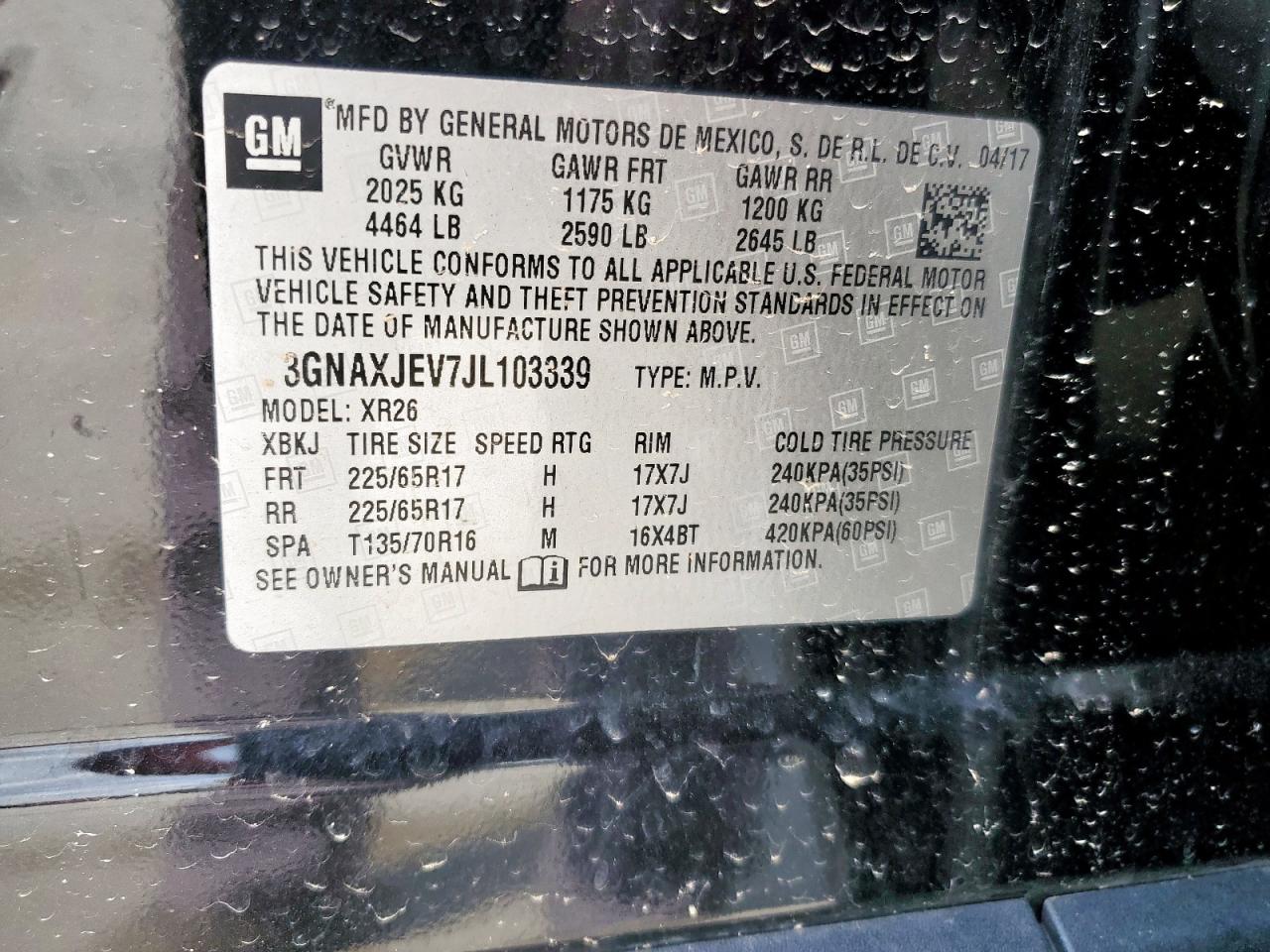 2018 Chevrolet Equinox Lt VIN: 3GNAXJEV7JL103339 Lot: 51085615