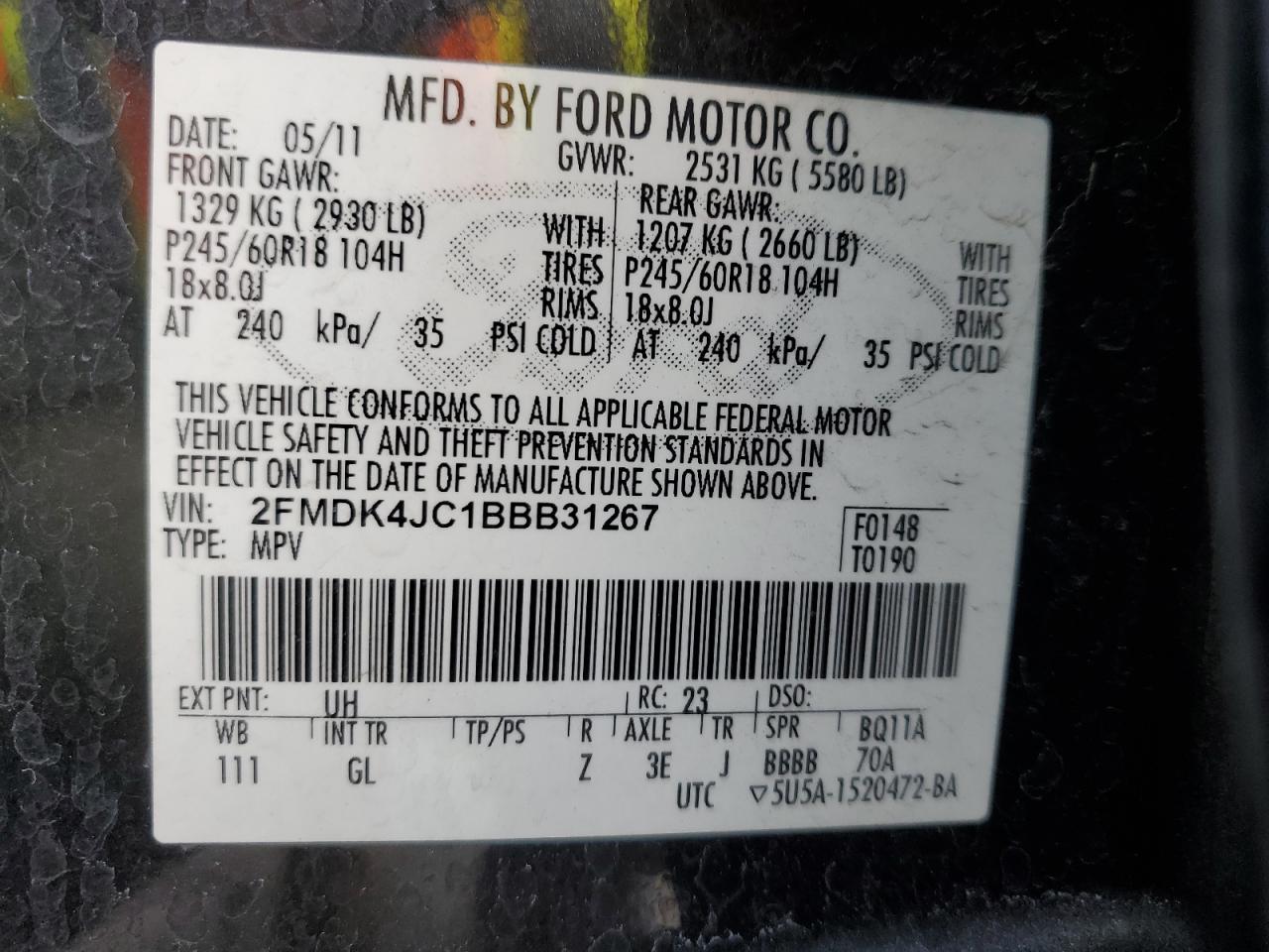 2011 Ford Edge Sel VIN: 2FMDK4JC1BBB31267 Lot: 48964985