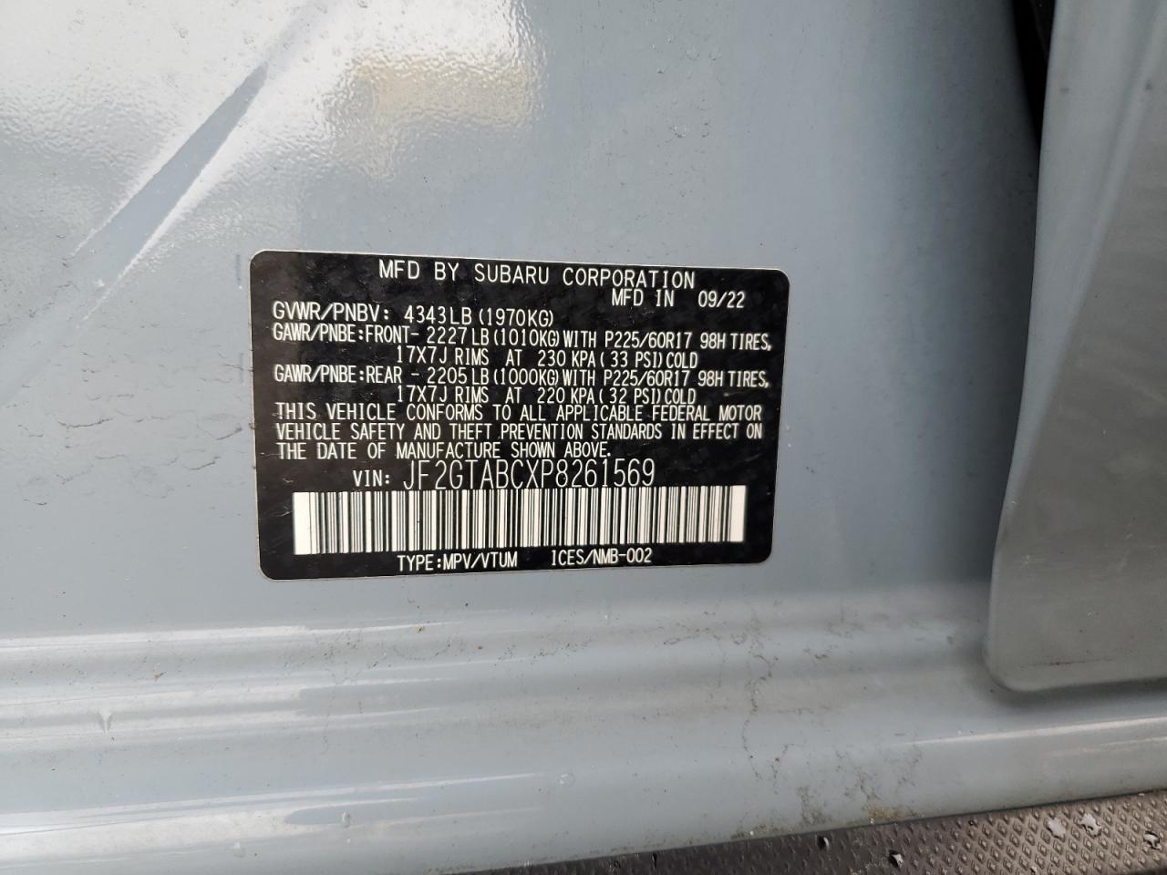 2023 Subaru Crosstrek VIN: JF2GTABCXP8261569 Lot: 50599355