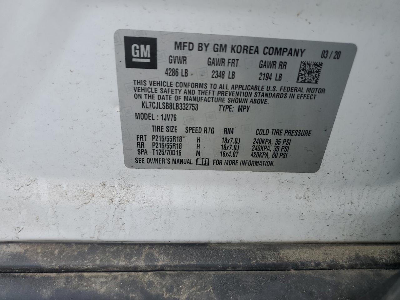 2020 Chevrolet Trax 1Lt VIN: KL7CJLSB8LB332753 Lot: 49845275