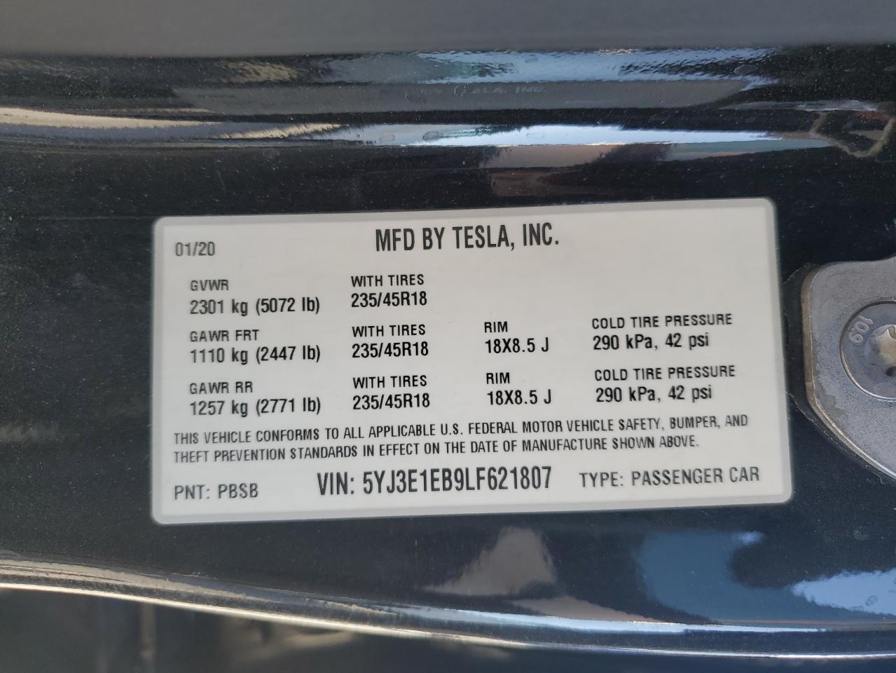 2020 Tesla Model 3 VIN: 5YJ3E1EB9LF621807 Lot: 49745355
