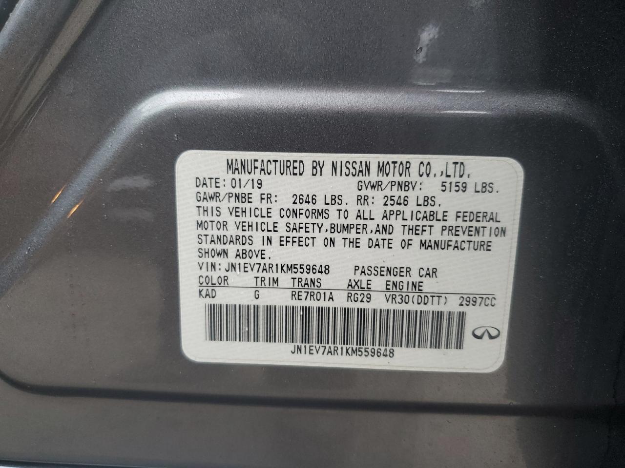 2019 Infiniti Q50 Luxe VIN: JN1EV7AR1KM559648 Lot: 47523615