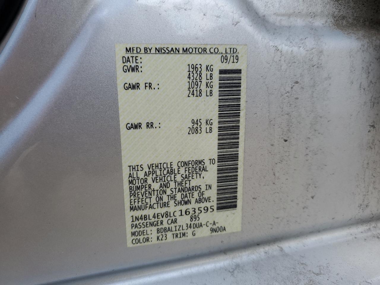 2020 Nissan Altima Sl VIN: 1N4BL4EV8LC163595 Lot: 48329855